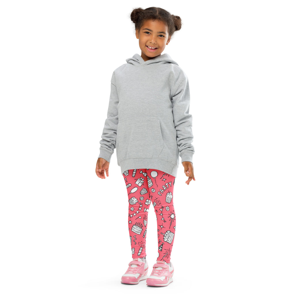 Gray hooded sweatshirt with front pocket and long sleeves worn over girls pink birthday party buttery soft leggings