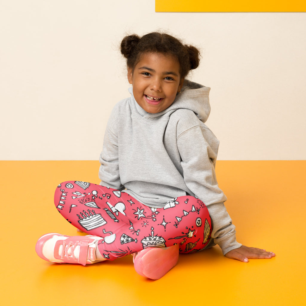 Girls pink birthday party buttery soft leggings with playful cake stars and party elements pattern