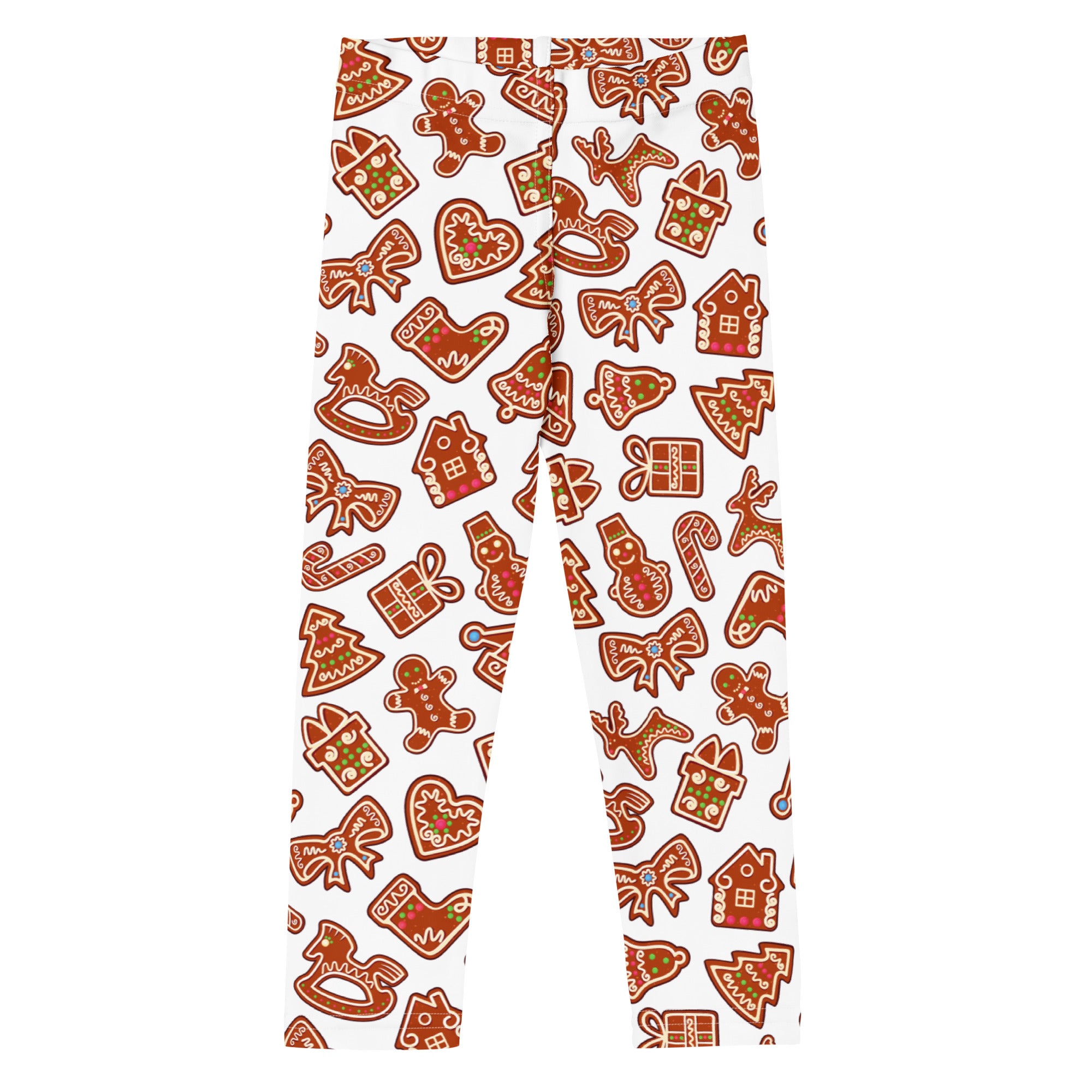 White kids leggings with buttery soft fabric and festive gingerbread cookie pattern in brown red and green colors