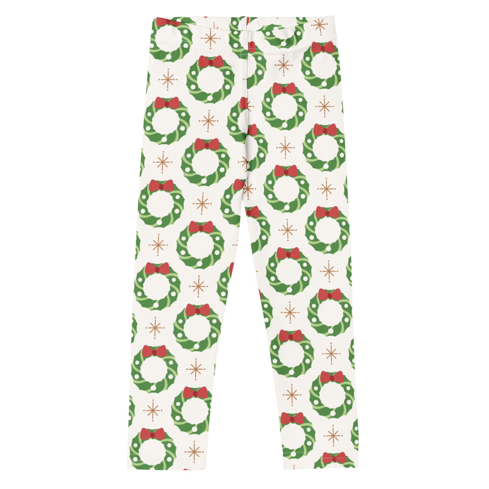 Kids holiday wreath buttery soft white leggings with green wreaths red bows and gold starburst pattern