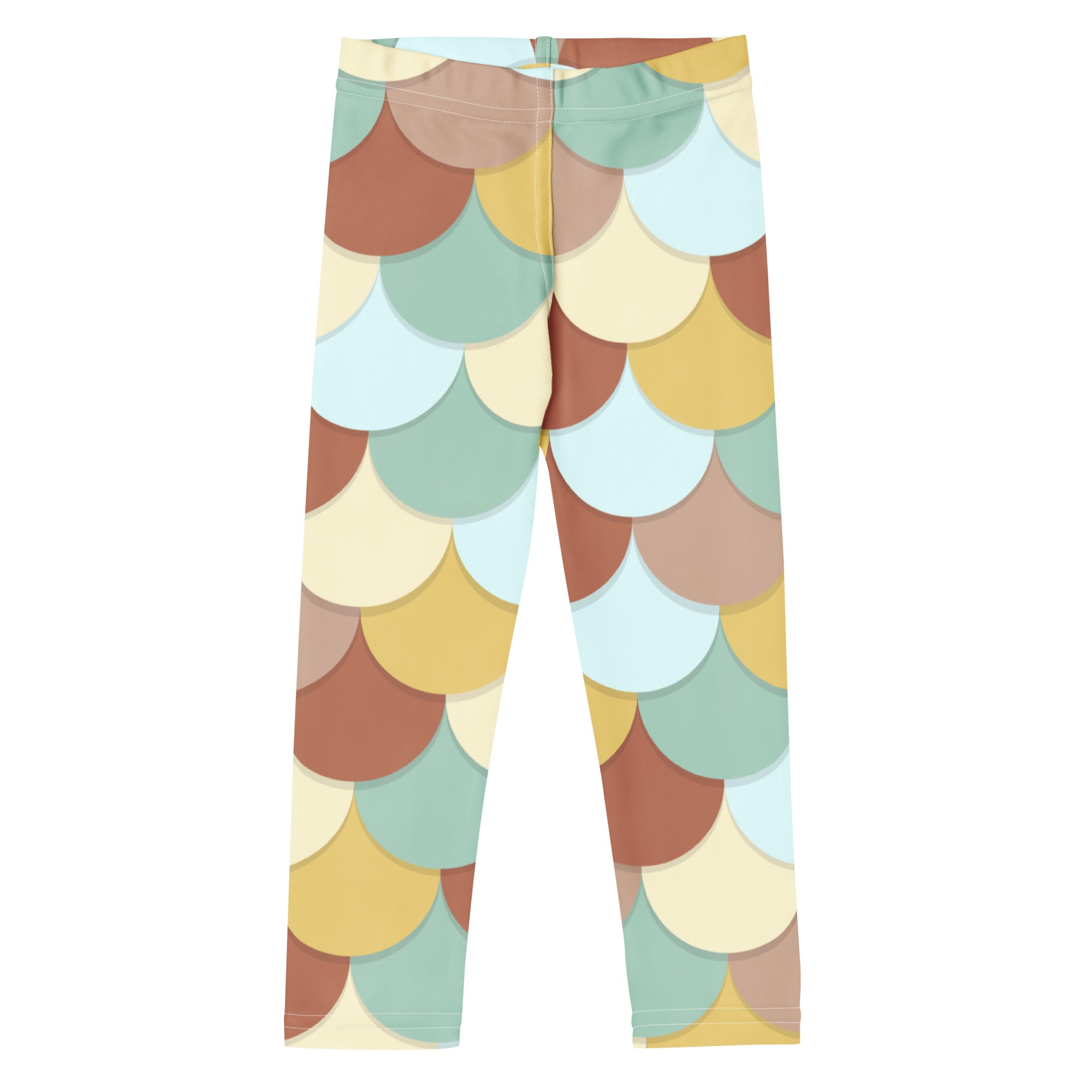 Girls green and brown mermaid buttery soft leggings with pastel scalloped circle pattern in mint green terracotta cream and yellow