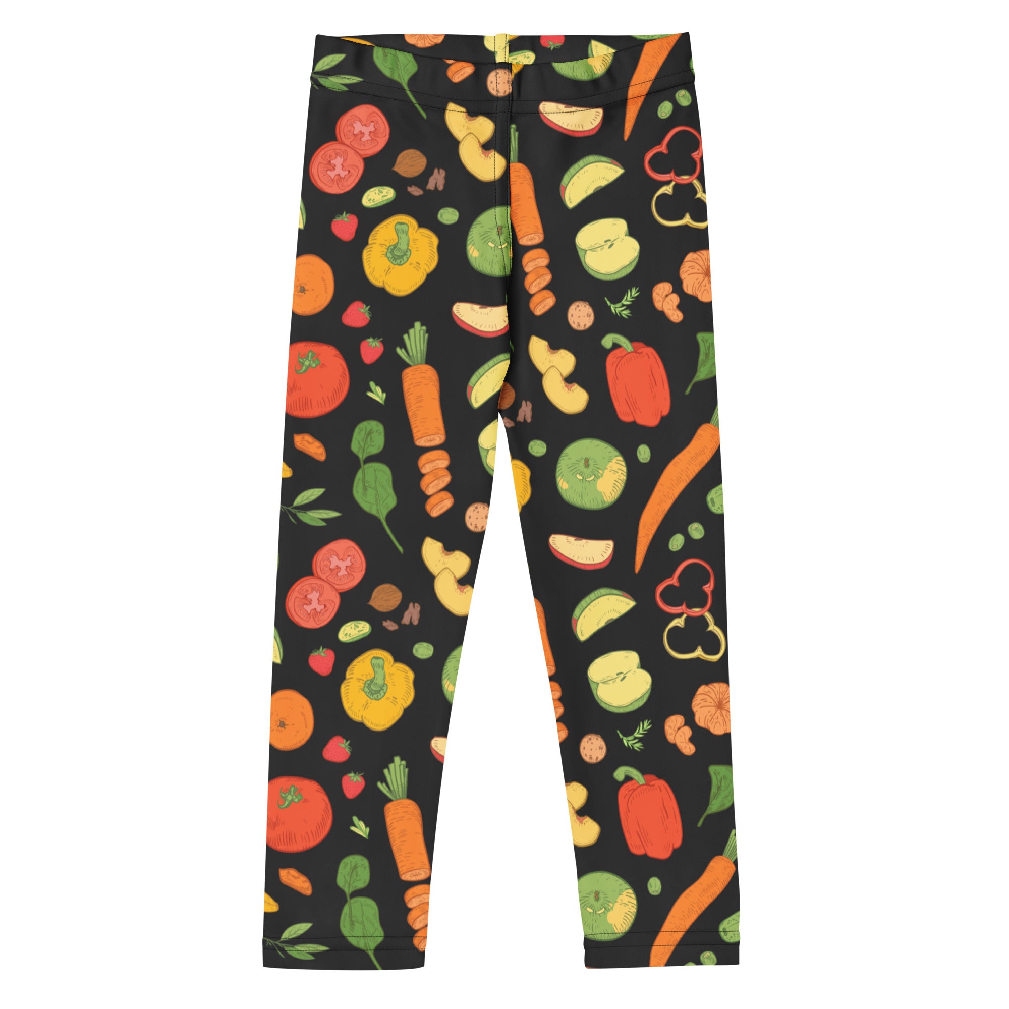 Kids veggie print buttery soft black leggings with vibrant cartoon-style red orange green yellow and purple vegetables and fruits