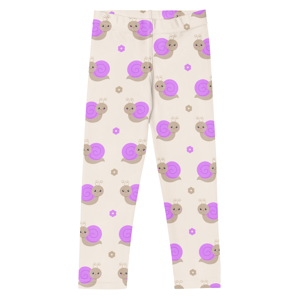 Cream-colored girls leggings with a buttery soft fabric featuring a playful purple and beige snail pattern with flowers