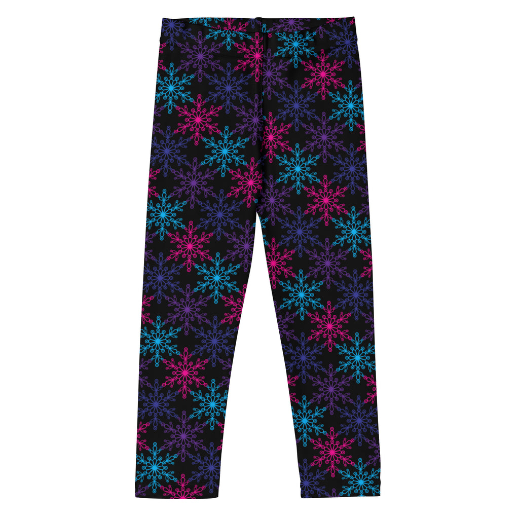 Girls neon snowflake buttery soft black leggings with vibrant neon pink and cyan snowflake pattern