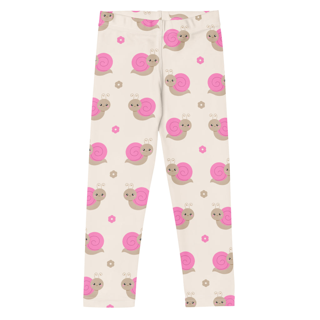 Girls pink snail buttery soft cream-colored leggings with playful pink and beige cartoon snails and flower accents