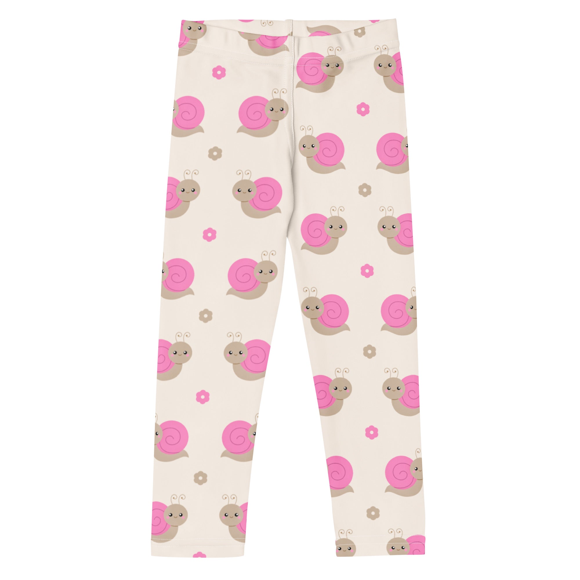 Girls pink snail buttery soft cream-colored leggings with playful pink and beige cartoon snails and flower accents