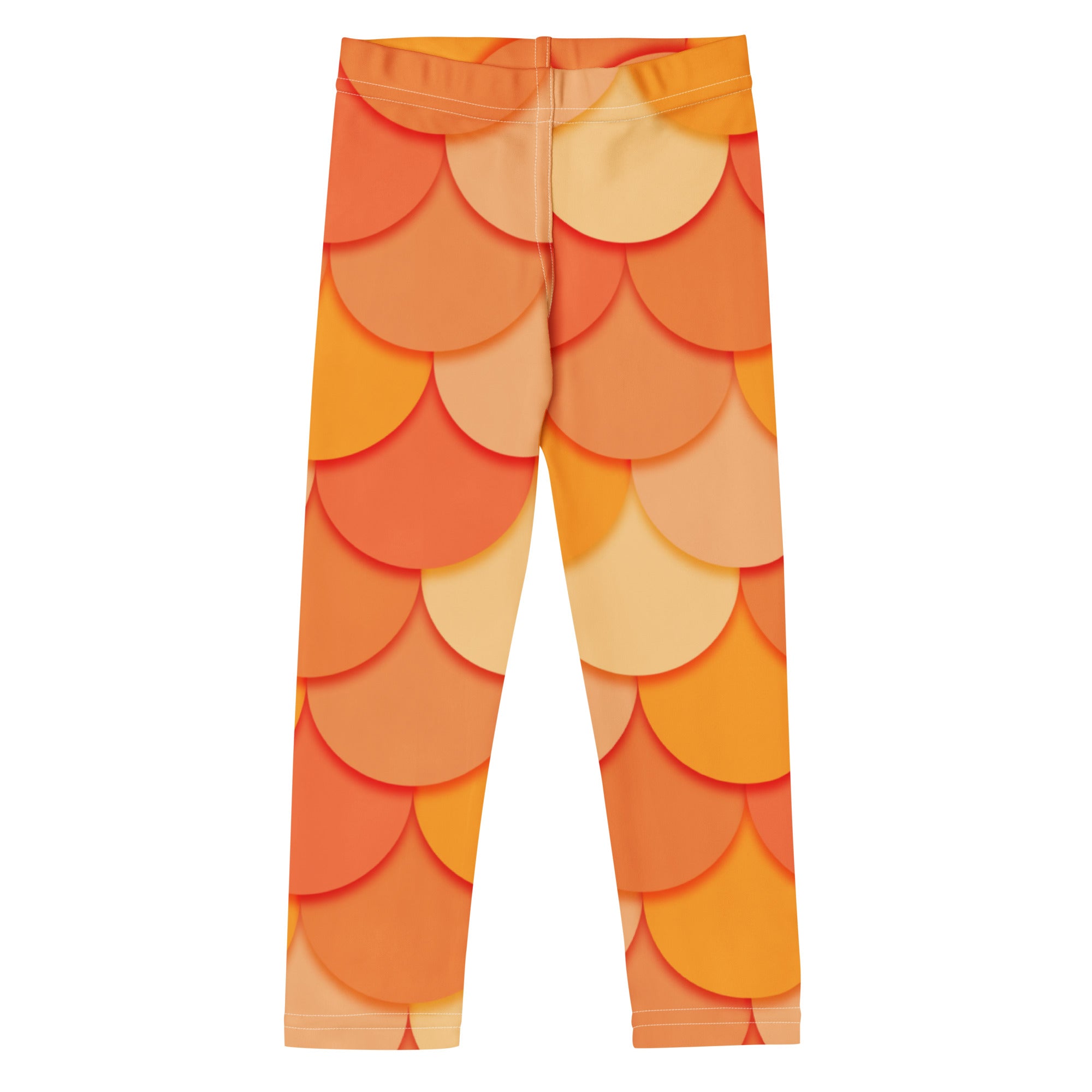 Girls orange mermaid buttery soft leggings with orange and yellow fish-scale pattern and comfortable fit