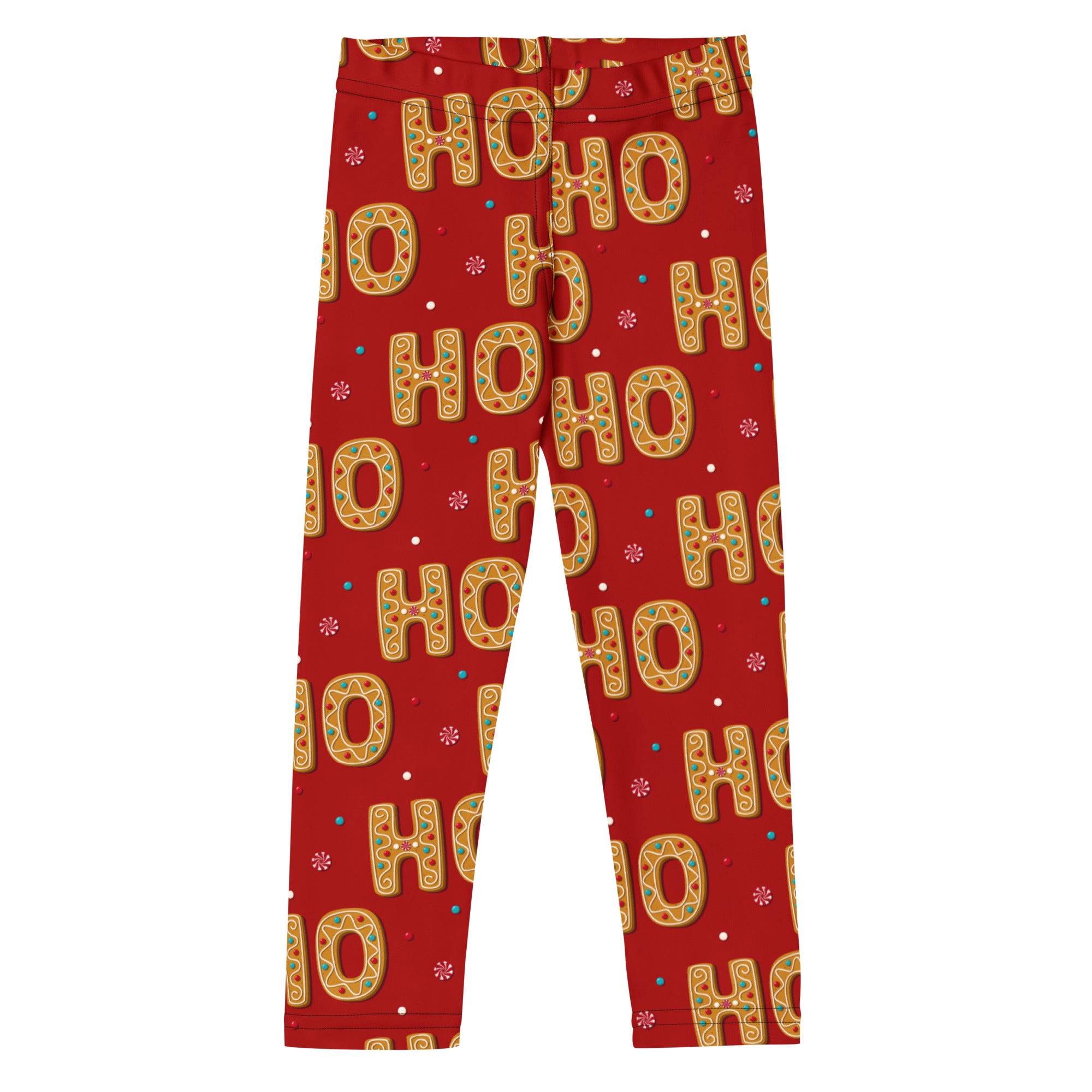 Girls gingerbread ho ho ho christmas buttery soft red leggings with gold and green festive pattern and snowflakes