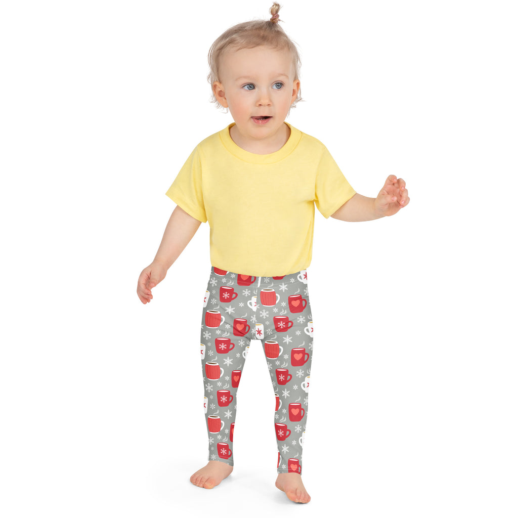 Gray kids cozy buttery soft leggings with red coffee mugs hearts and white snowflakes hot cocoa pattern
