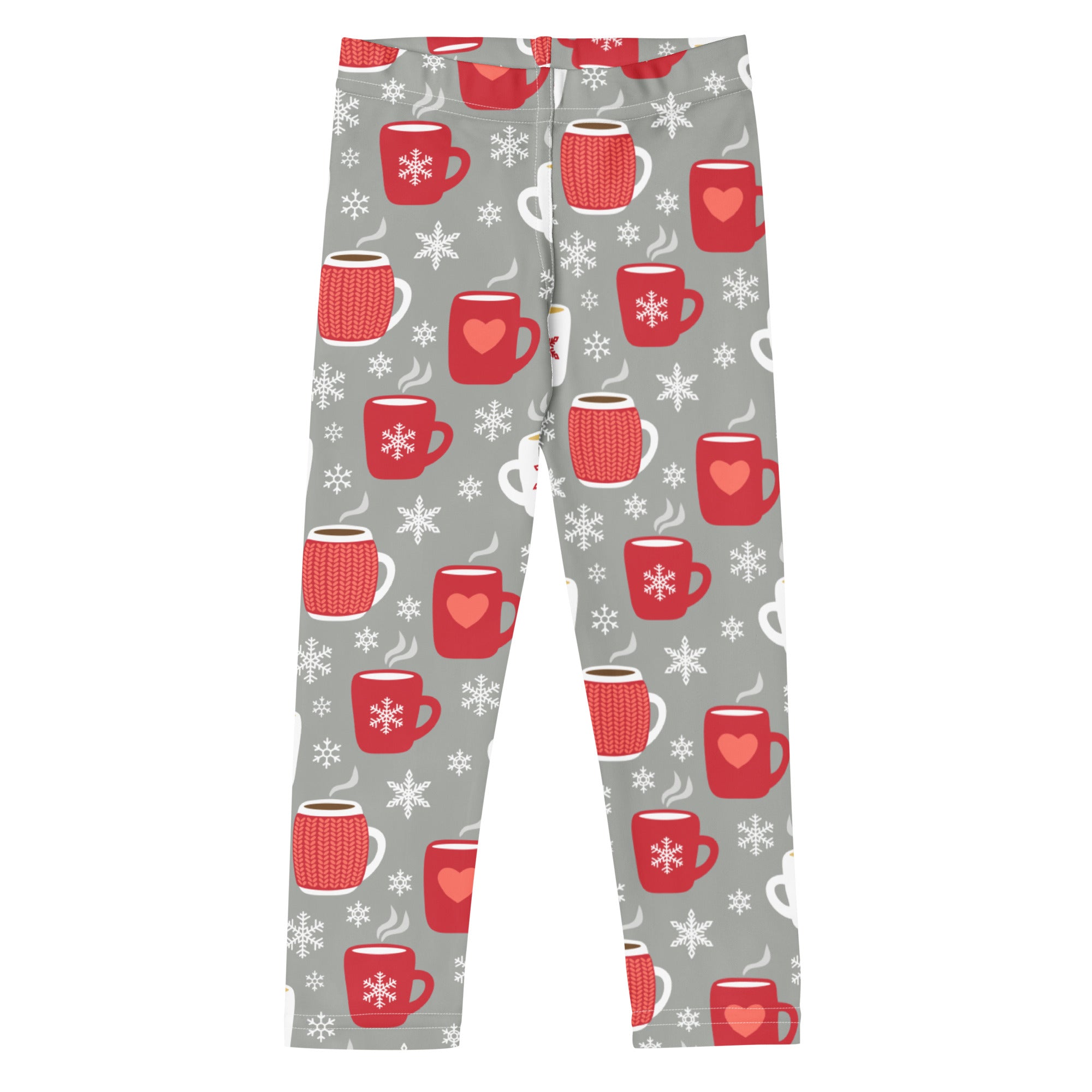 Gray kids cozy buttery soft leggings with red knitted mugs hearts and snowflakes hot cocoa pattern