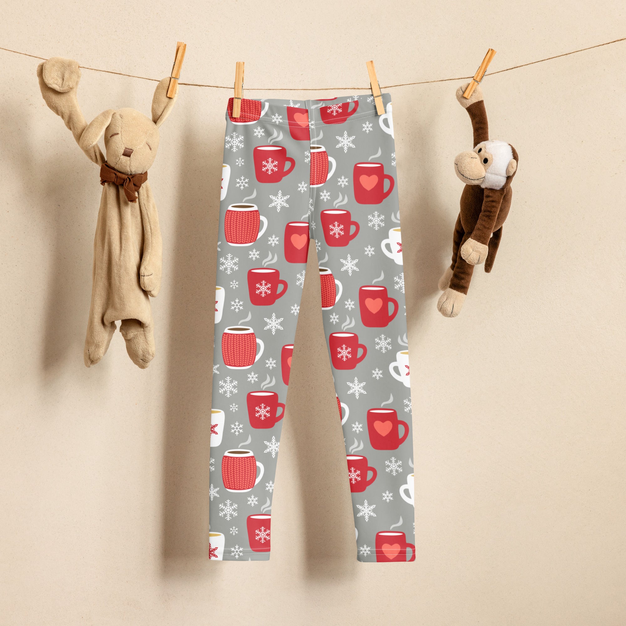Gray kids cozy buttery soft leggings with festive red and white coffee mugs hearts and snowflakes pattern