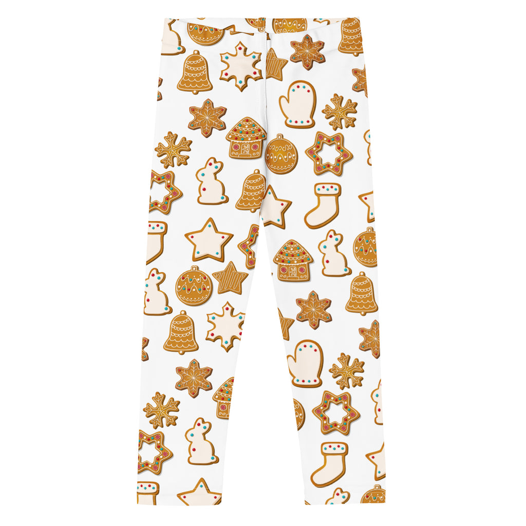 Kids gingerbread cookie christmas buttery soft white leggings with festive golden gingerbread cookie pattern