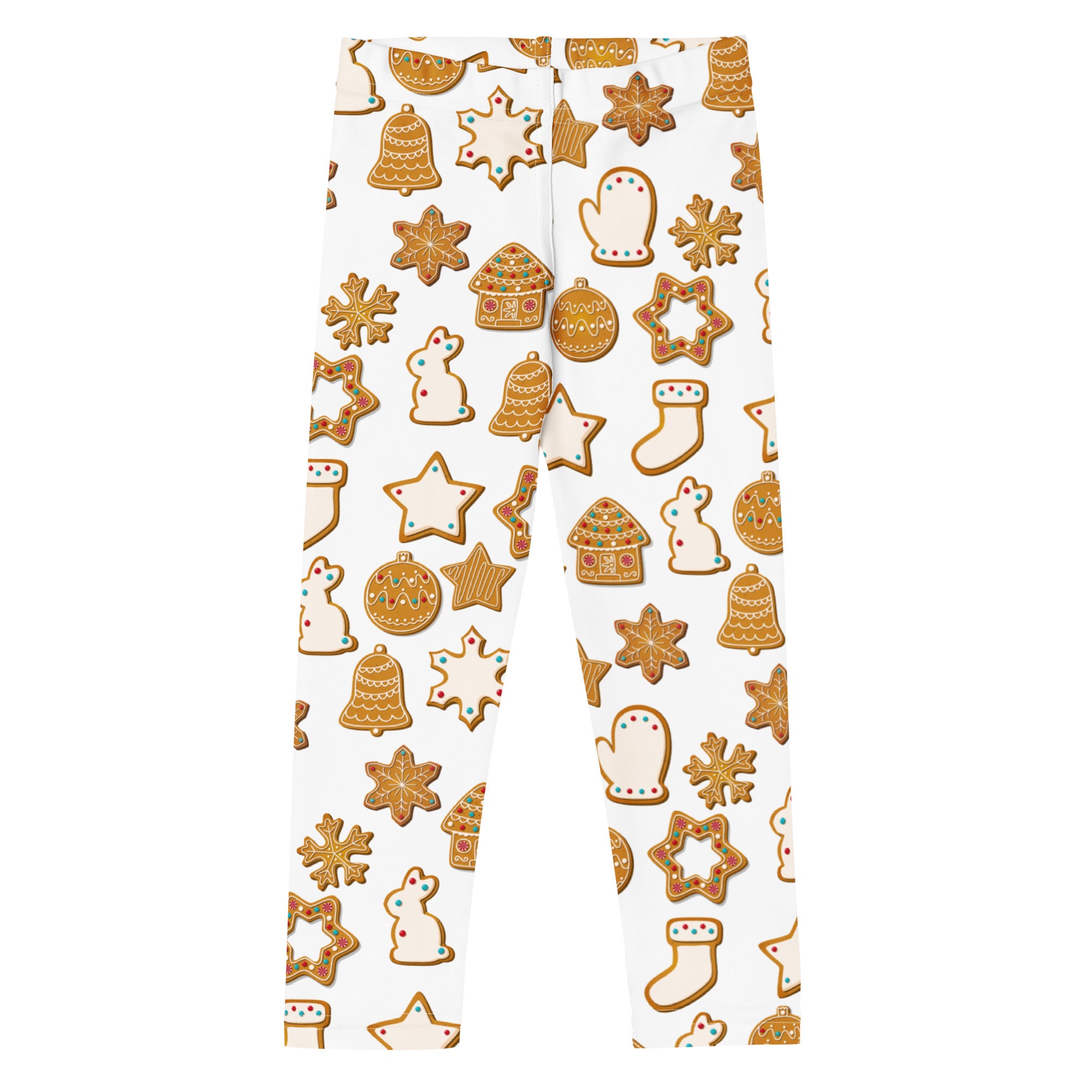 Kids gingerbread cookie christmas buttery soft white leggings with festive golden gingerbread cookie pattern