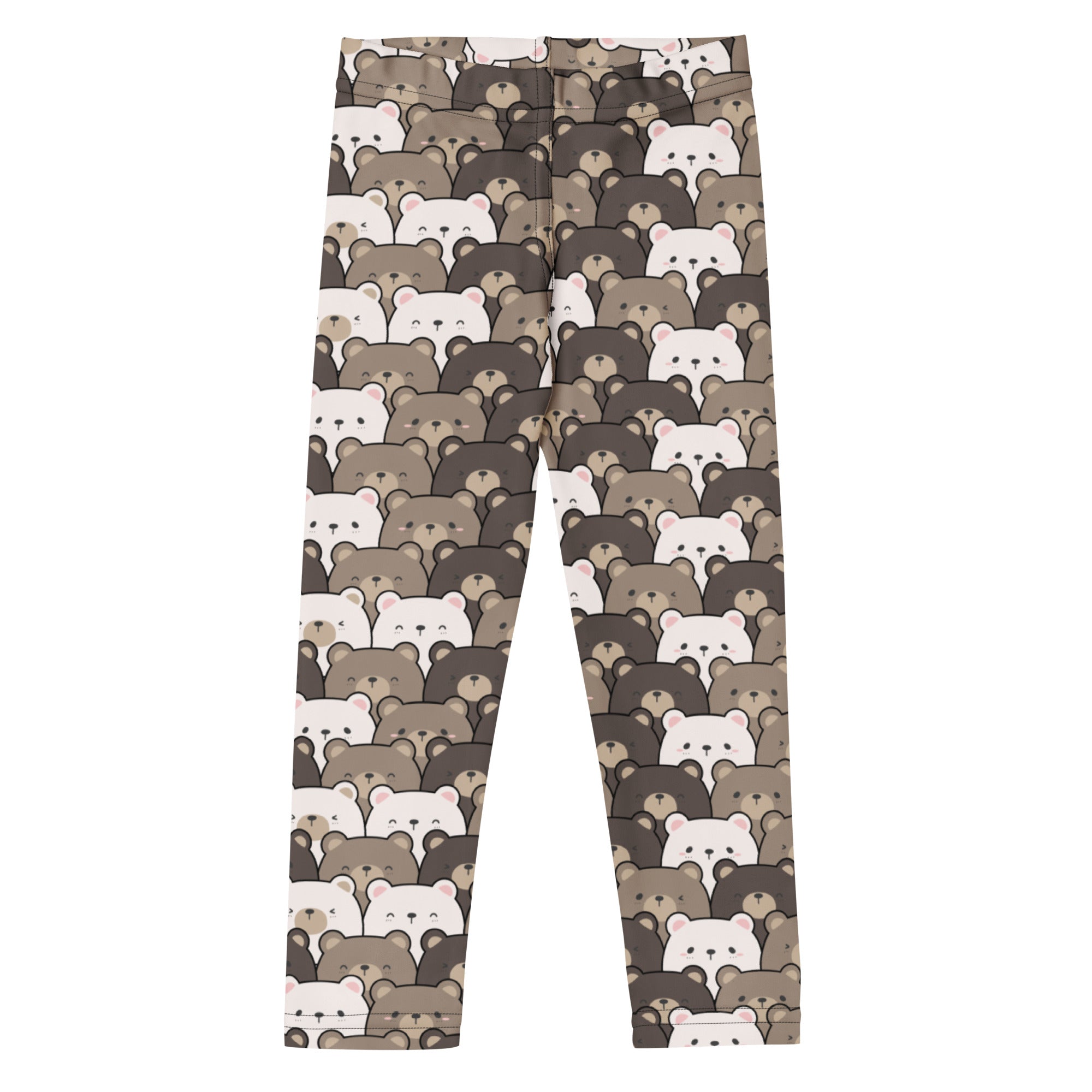 Kids brown bear print buttery soft leggings in beige and white with a cute bear pattern and stretchy snug fit