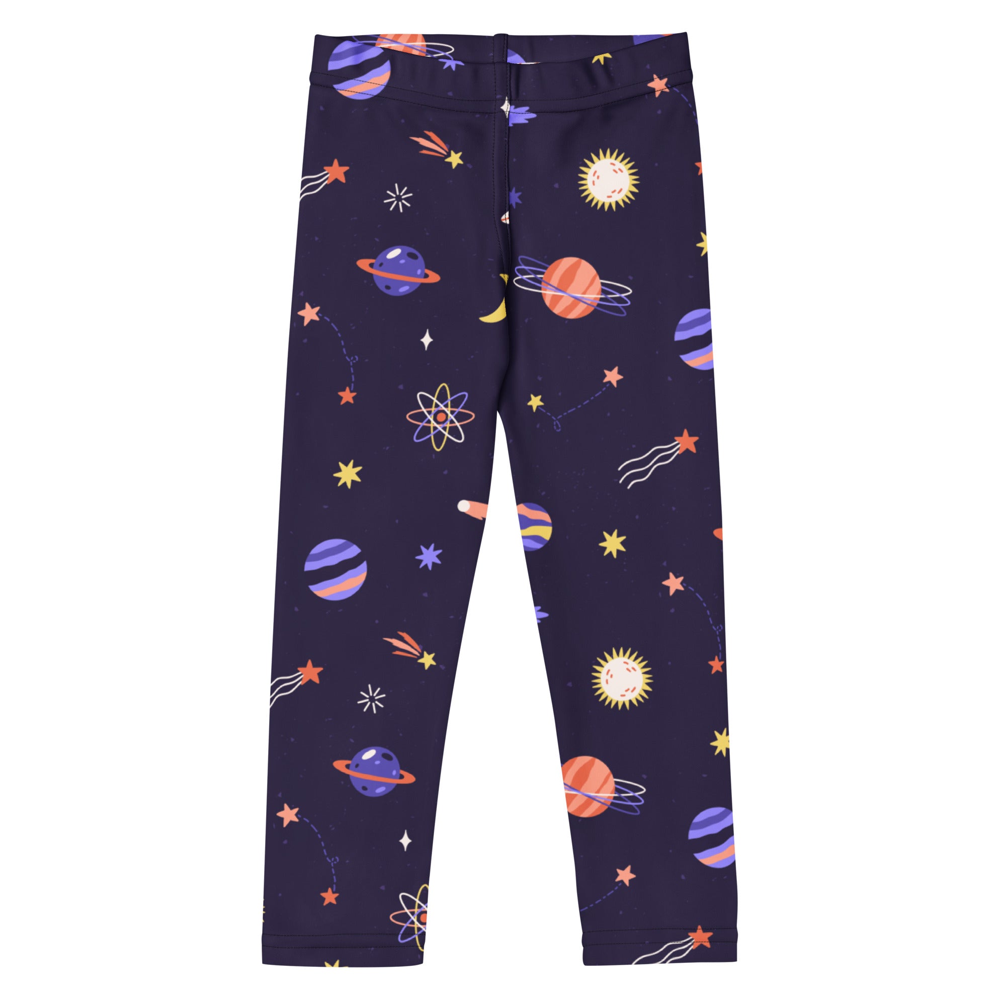 Girls purple outer space buttery soft leggings in dark blue with colorful cartoon planets stars and atomic symbols