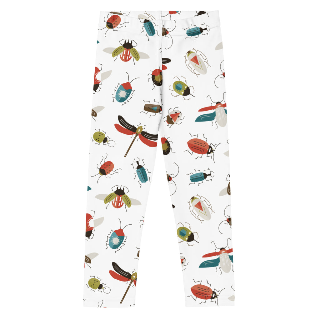 White kids bug print buttery soft leggings with colorful cartoon beetles flies and dragonflies pattern