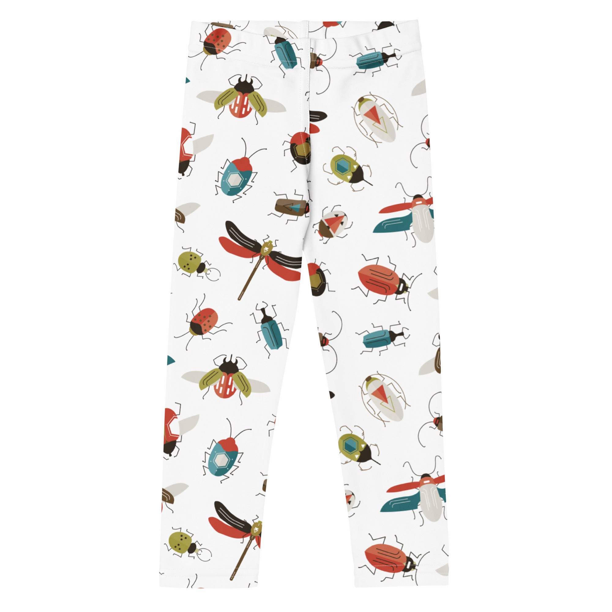 White kids bug print buttery soft leggings with colorful cartoon beetles flies and dragonflies pattern