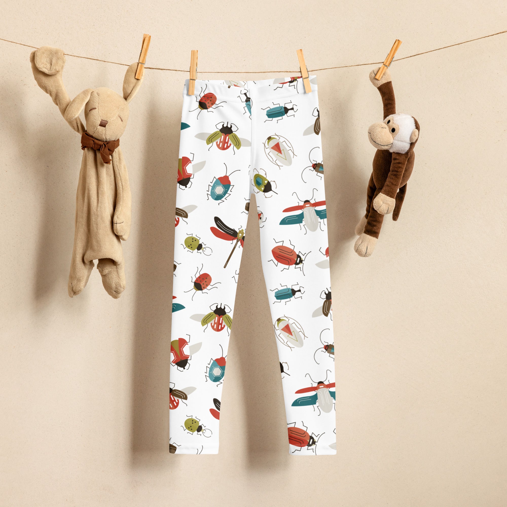White kids bug print buttery soft leggings featuring colorful insect patterns like ladybugs beetles and dragonflies