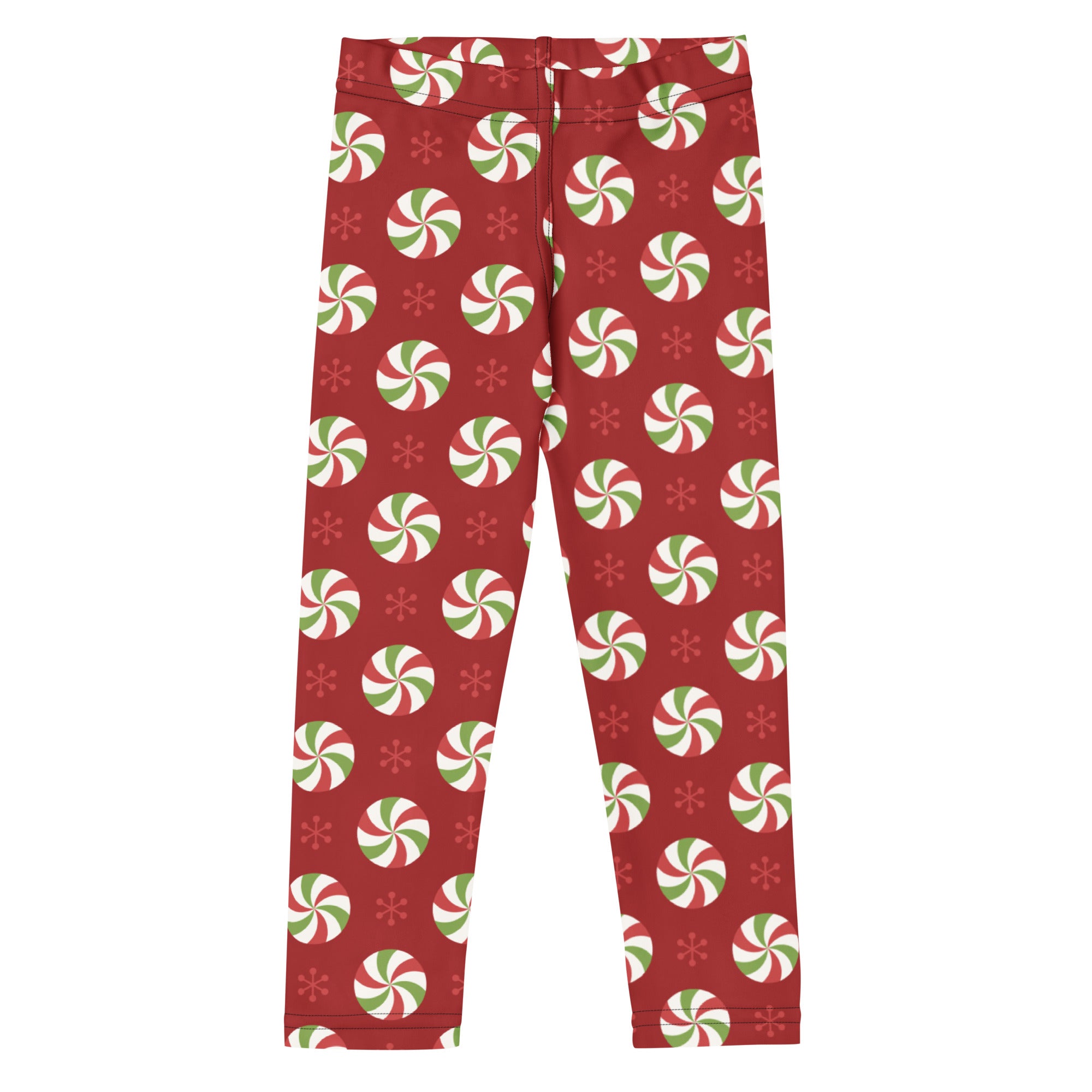 Kids christmas peppermint buttery soft red leggings with green and white peppermint candies and snowflake pattern