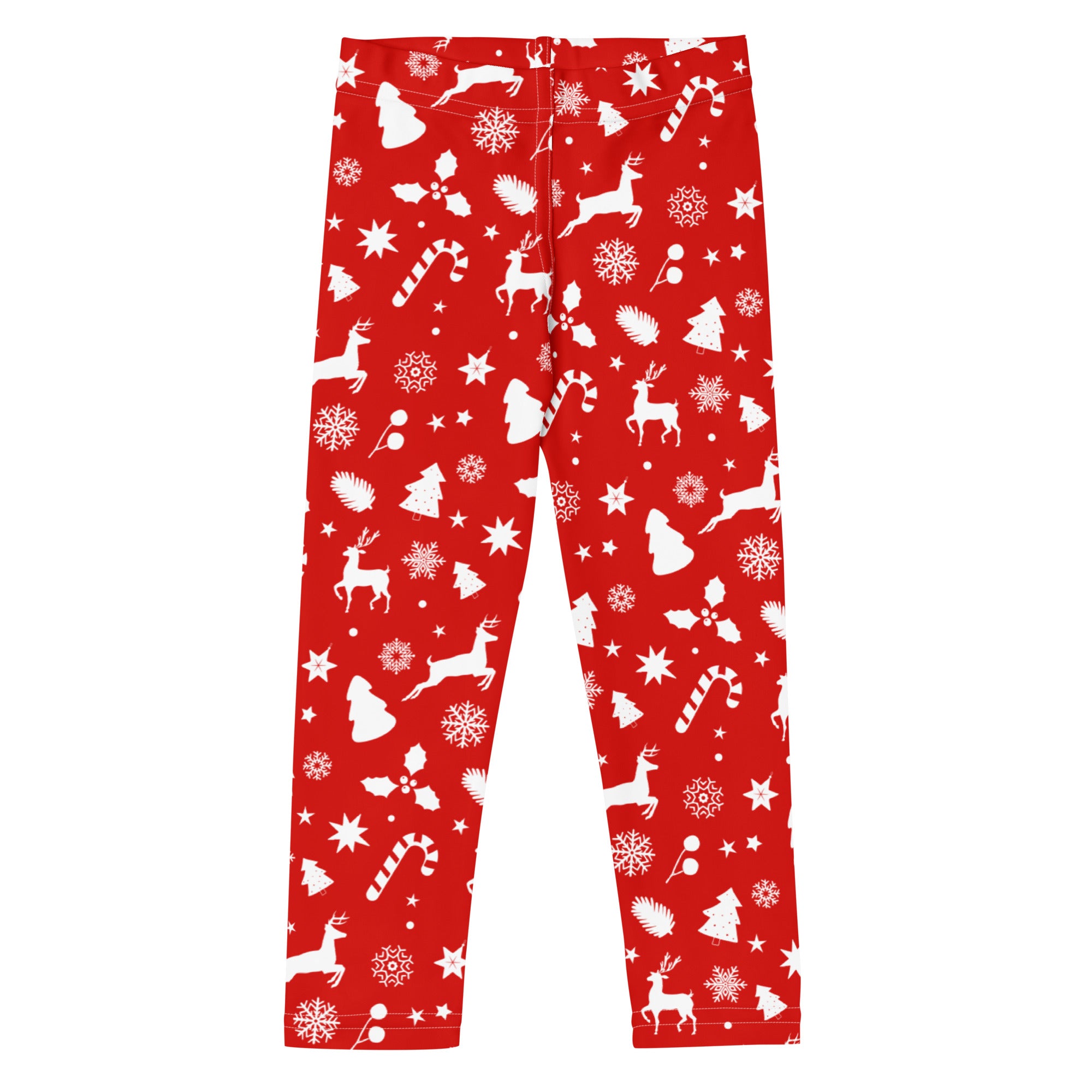 Kids red christmas pattern buttery soft leggings featuring white reindeer snowflakes candy canes and trees design