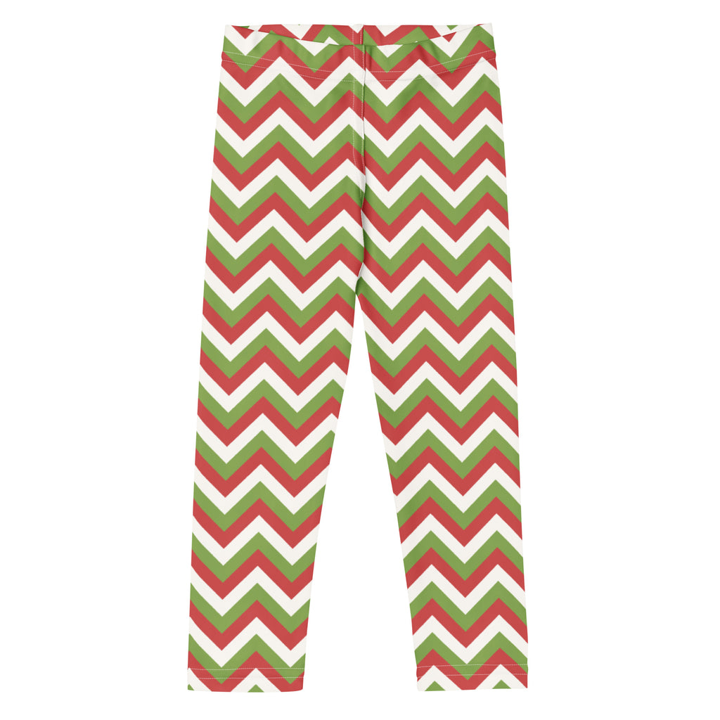 Kids christmas chevron buttery soft leggings in red green and white with a festive chevron pattern