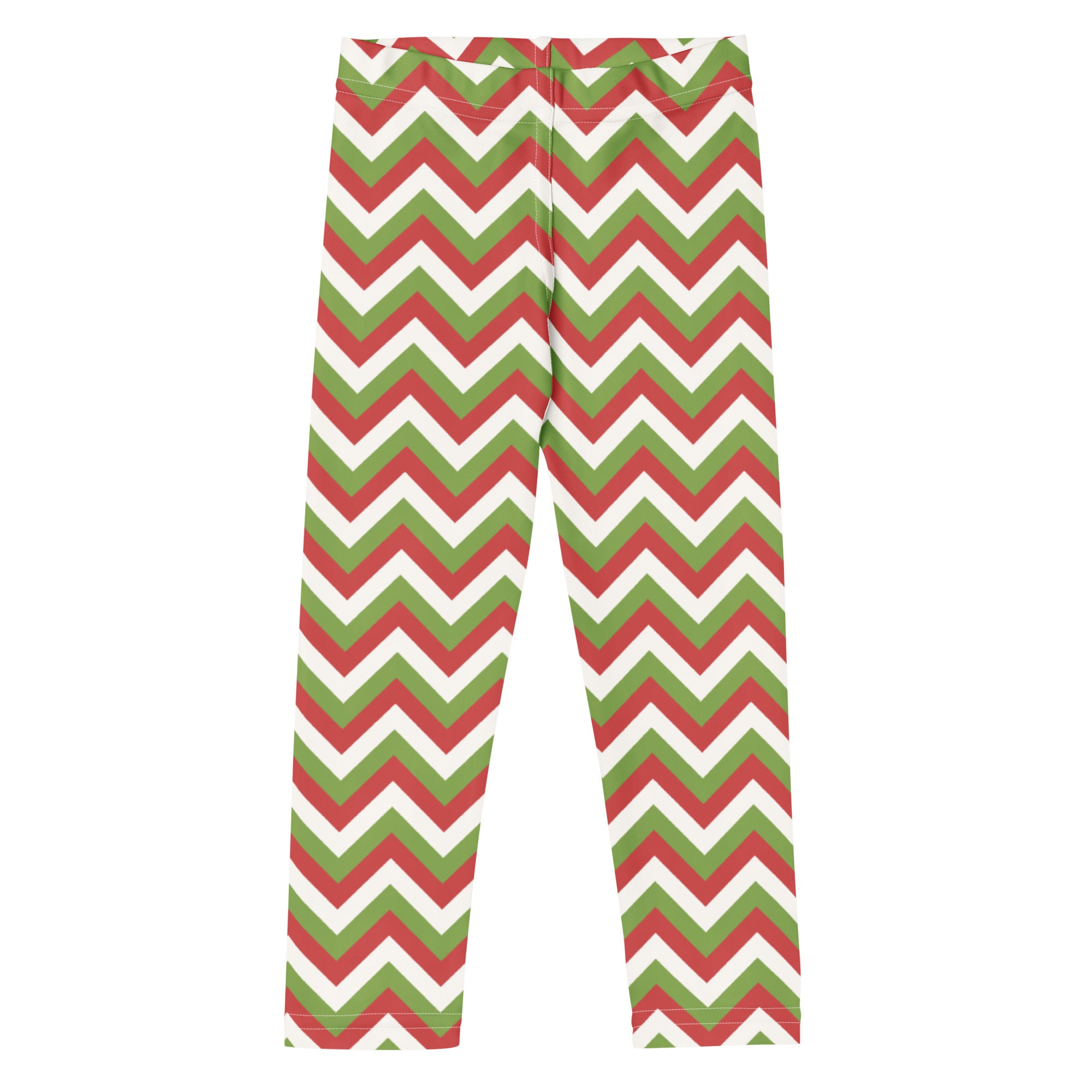 Kids christmas chevron buttery soft leggings in red green and white with a festive chevron pattern