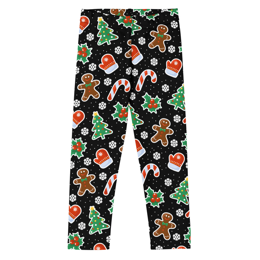 Kids gingerbread themed black buttery soft leggings with festive gingerbread men candy canes mittens and trees pattern