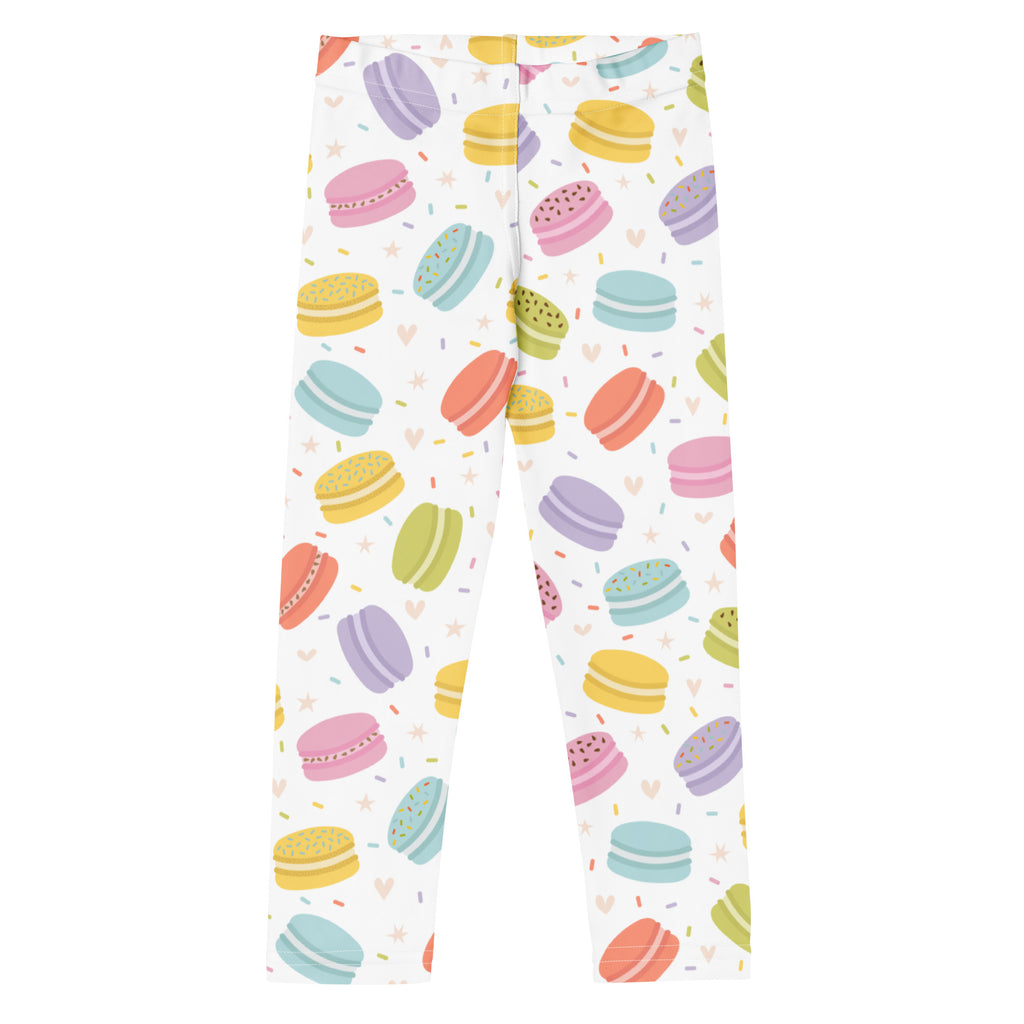 Girls macaron cookie print buttery soft white leggings with colorful pastel macaron pattern in pink yellow blue and purple