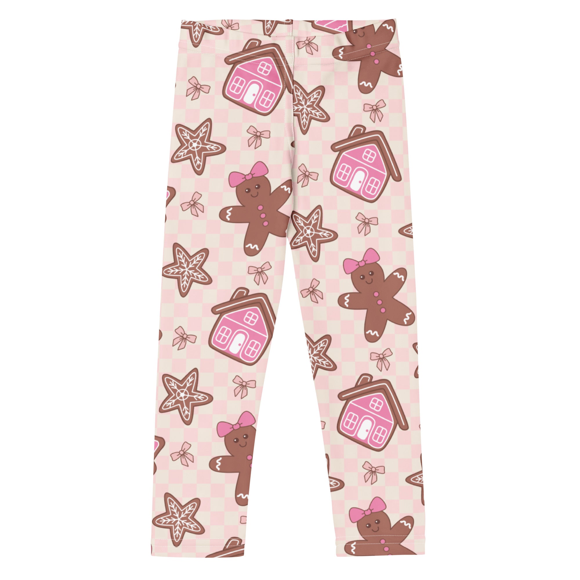 Girls pink buttery soft leggings with gingerbread men bows pink houses star cookies on light pink checkered background