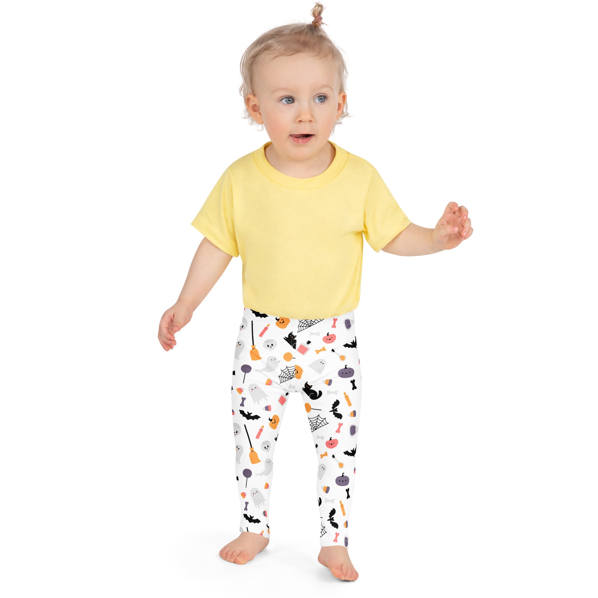 Girls ghost and pumpkin print buttery soft white leggings with playful halloween ghosts bats pumpkins and spiders pattern