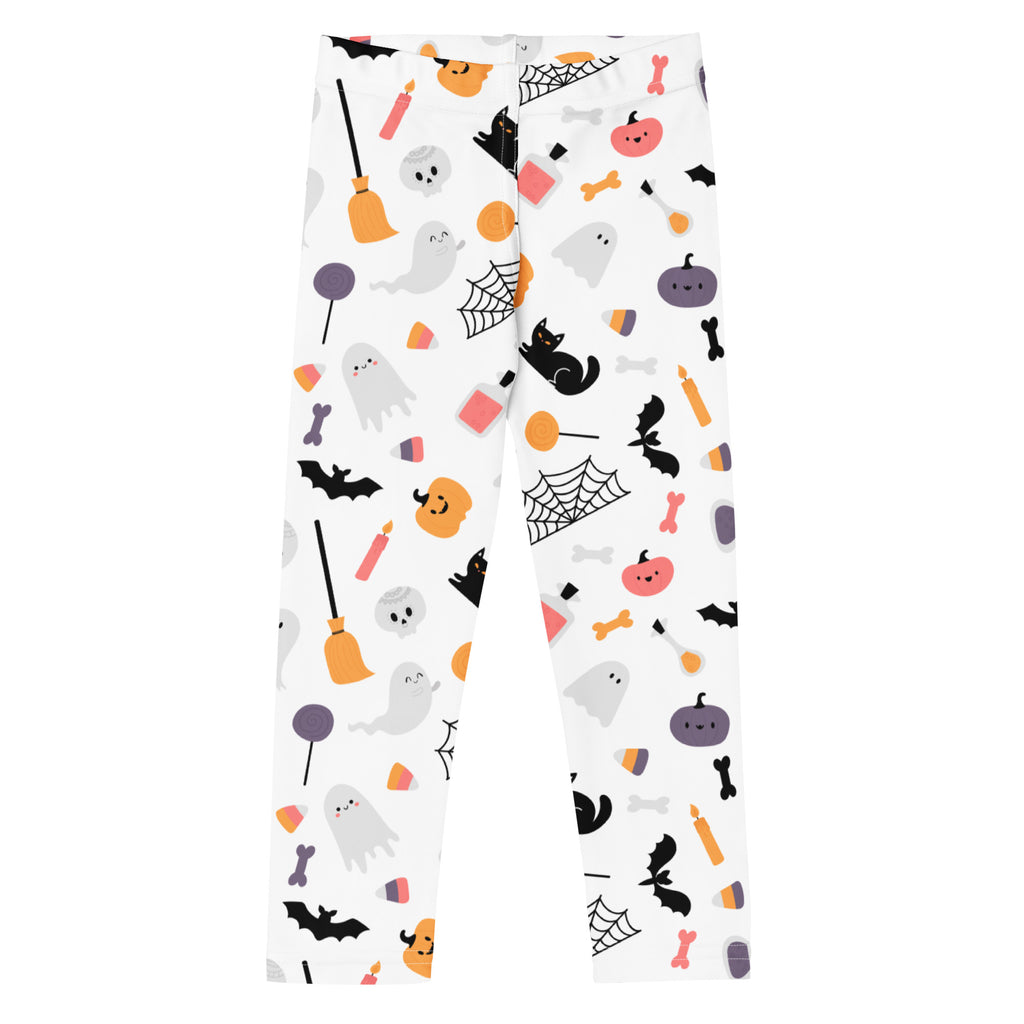 Girls ghost and pumpkin print buttery soft white leggings with playful halloween ghosts bats pumpkins and candy pattern