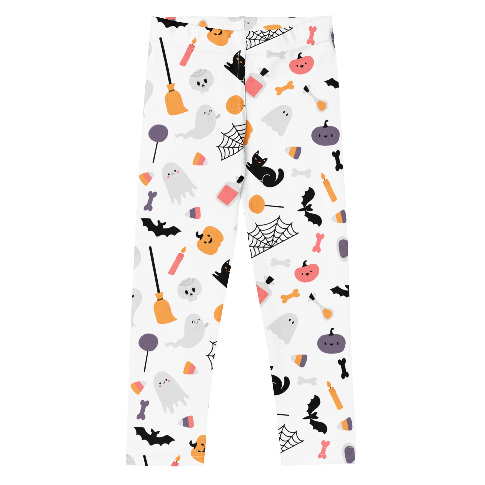 Girls ghost and pumpkin print buttery soft white leggings with playful halloween ghosts bats pumpkins and candy pattern