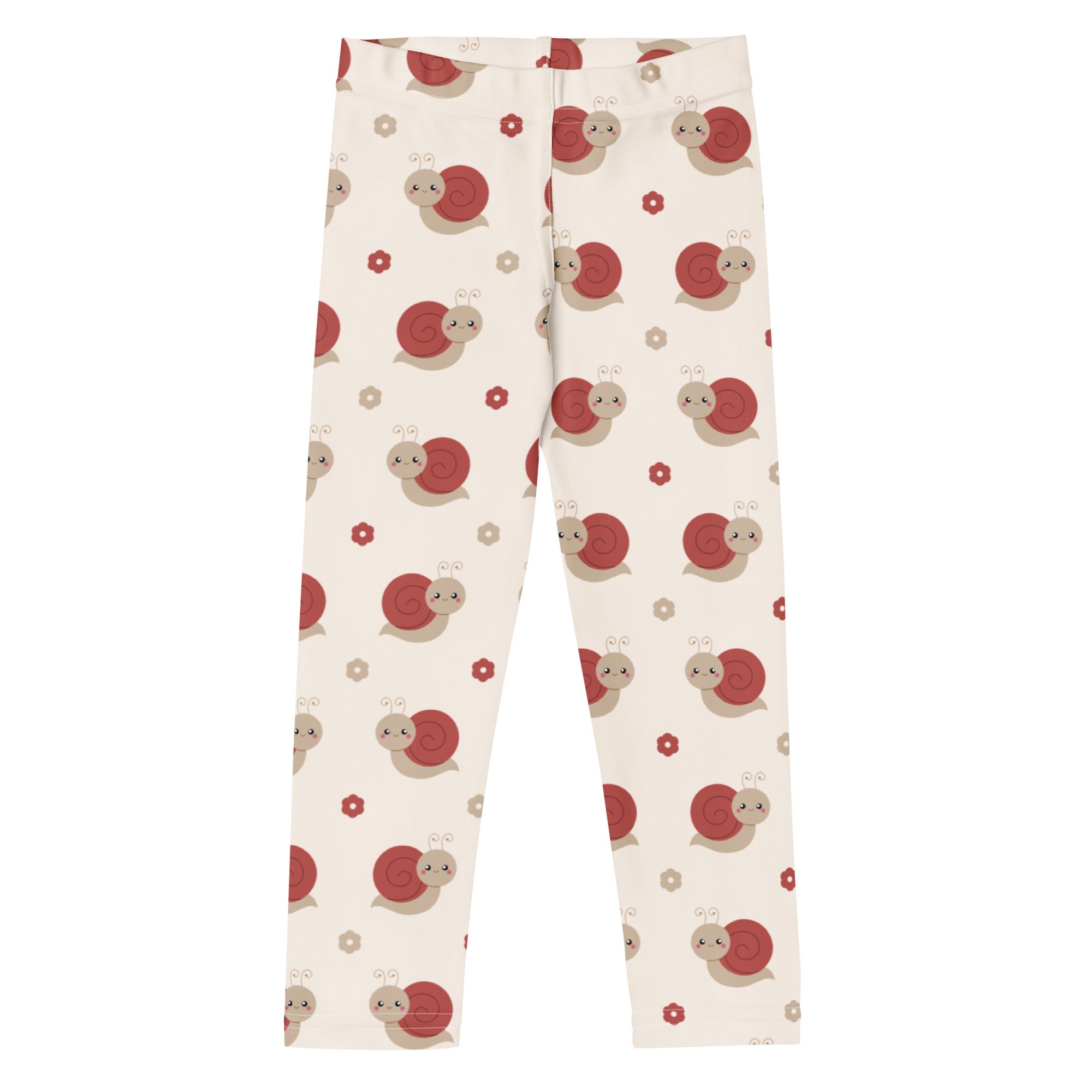 Girls buttery soft cream-colored leggings with playful red and beige snail pattern and tiny scattered flowers