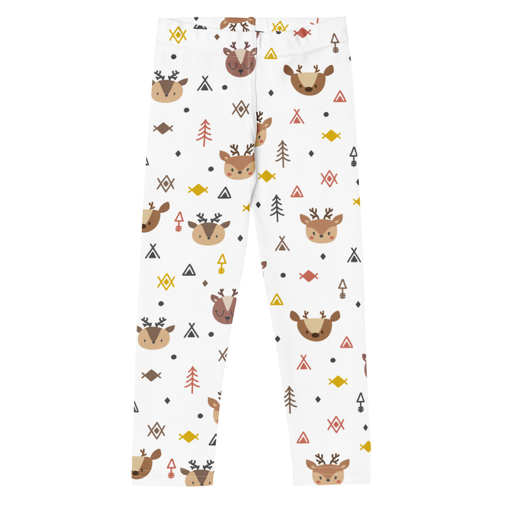 Kids reindeer buttery soft white leggings with playful brown deer faces red and black trees yellow fish and geometric shapes