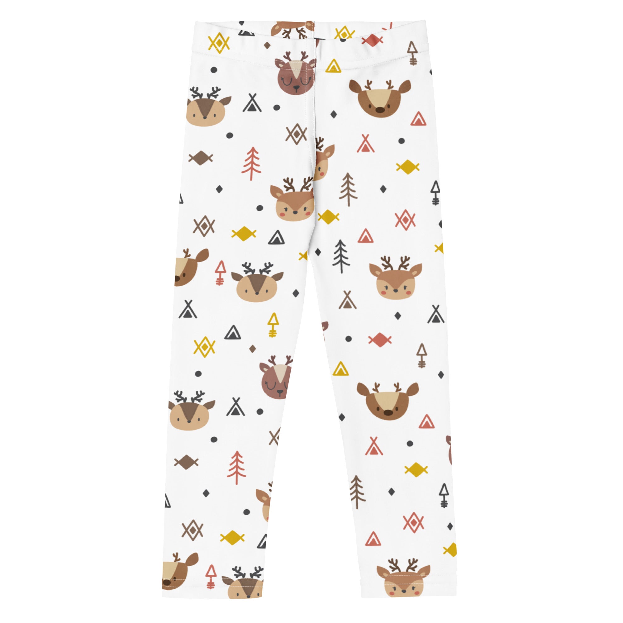 Kids reindeer buttery soft white leggings with playful brown deer faces red and black trees yellow fish and geometric shapes