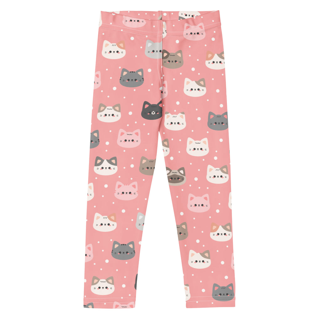 Girls cute pink cat faces buttery soft leggings with playful white gray and black cartoon cats on pink polka dot background