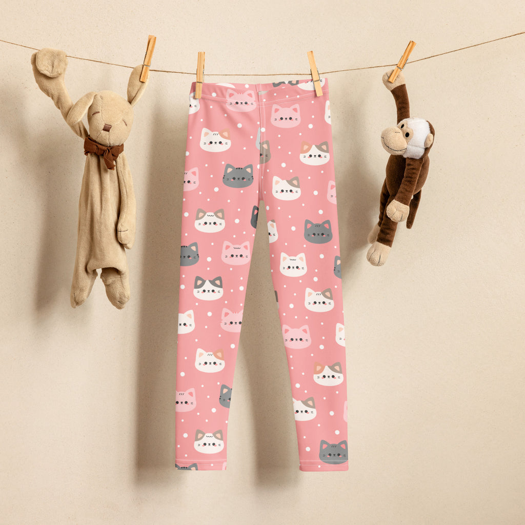 Girls cute pink cat faces buttery soft leggings with playful white gray and pink cartoon cats on soft fabric