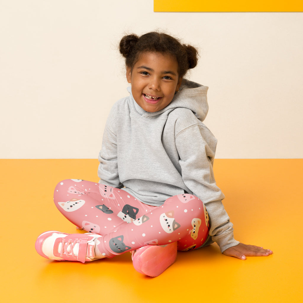 Girls cute pink cat faces buttery soft leggings with colorful cartoon cats and white polka dots pattern