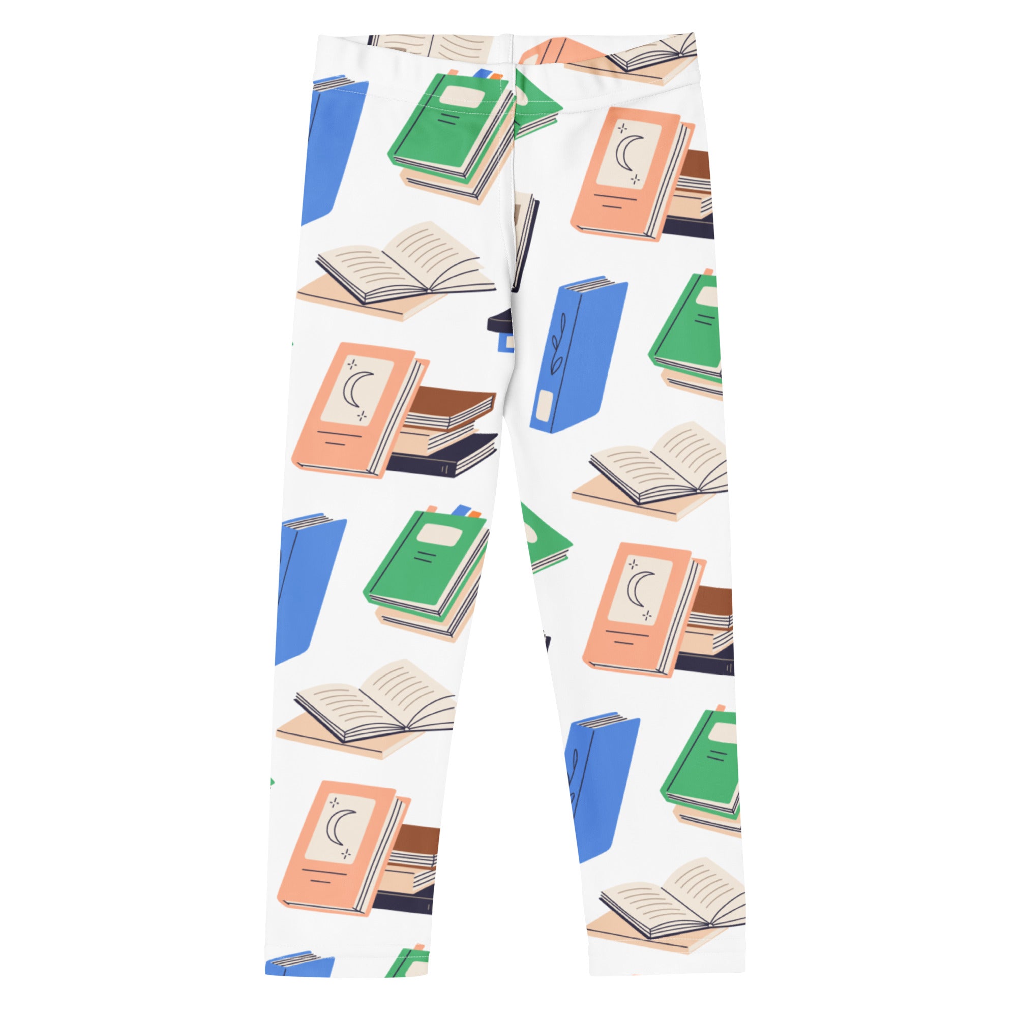 Kids book print buttery soft leggings in white with playful green blue and peach illustrated book pattern