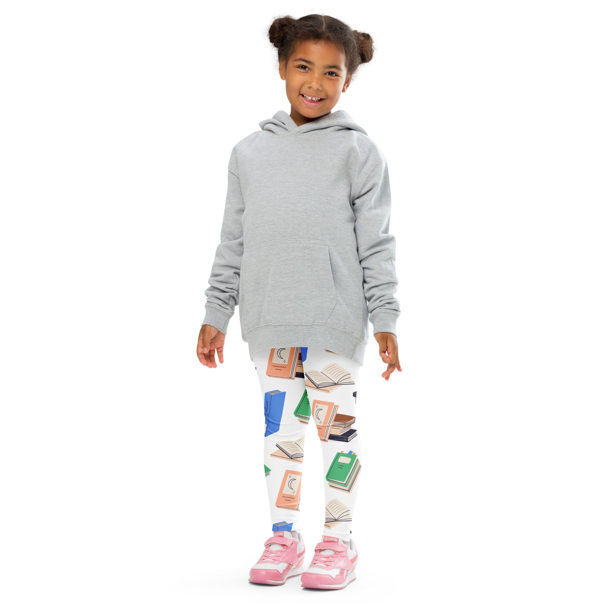 Gray hooded sweatshirt with soft casual fit and subtle ribbed cuffs paired with kids book print buttery soft leggings