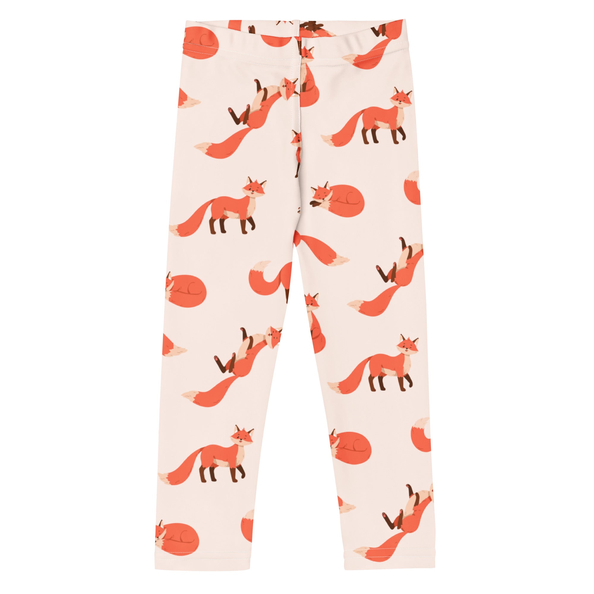 Cream-colored buttery soft kids leggings with playful orange fox print in various poses