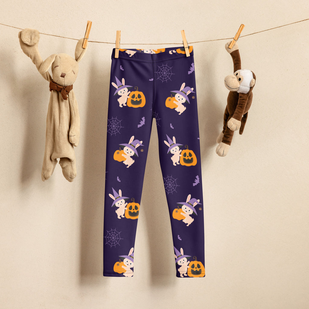 Girls halloween bunny buttery soft leggings in purple with witch hat bunnies pumpkins spiderwebs and bats design
