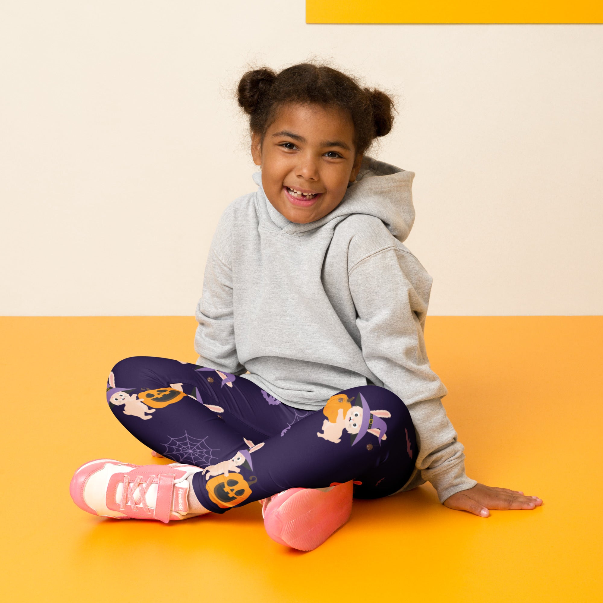 Dark purple girls halloween bunny buttery soft leggings with playful cartoon pumpkins and ghosts design