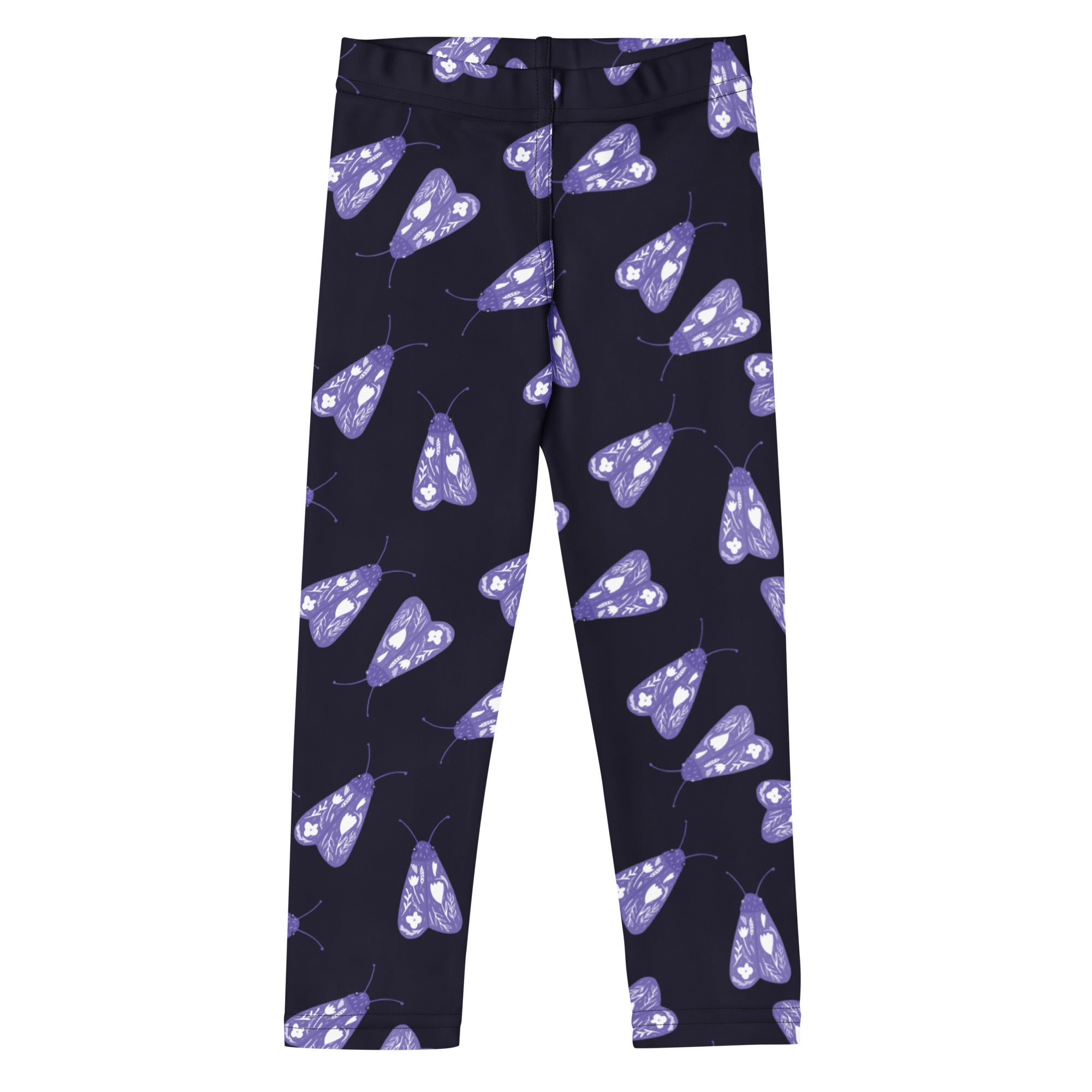 Girls purple moth buttery soft leggings in dark navy with a playful purple moth and white heart pattern