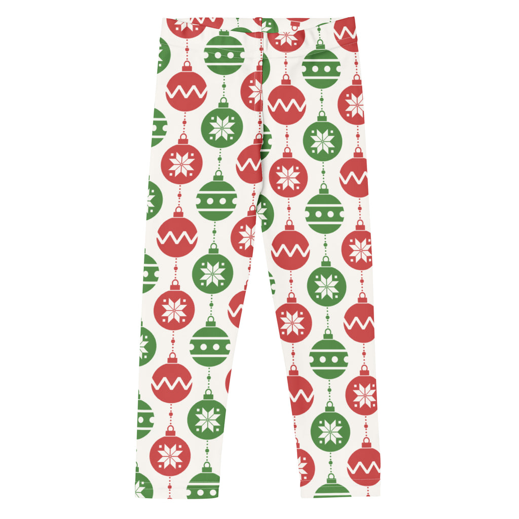 Kids red and green christmas ornament buttery soft leggings with festive pattern on white background