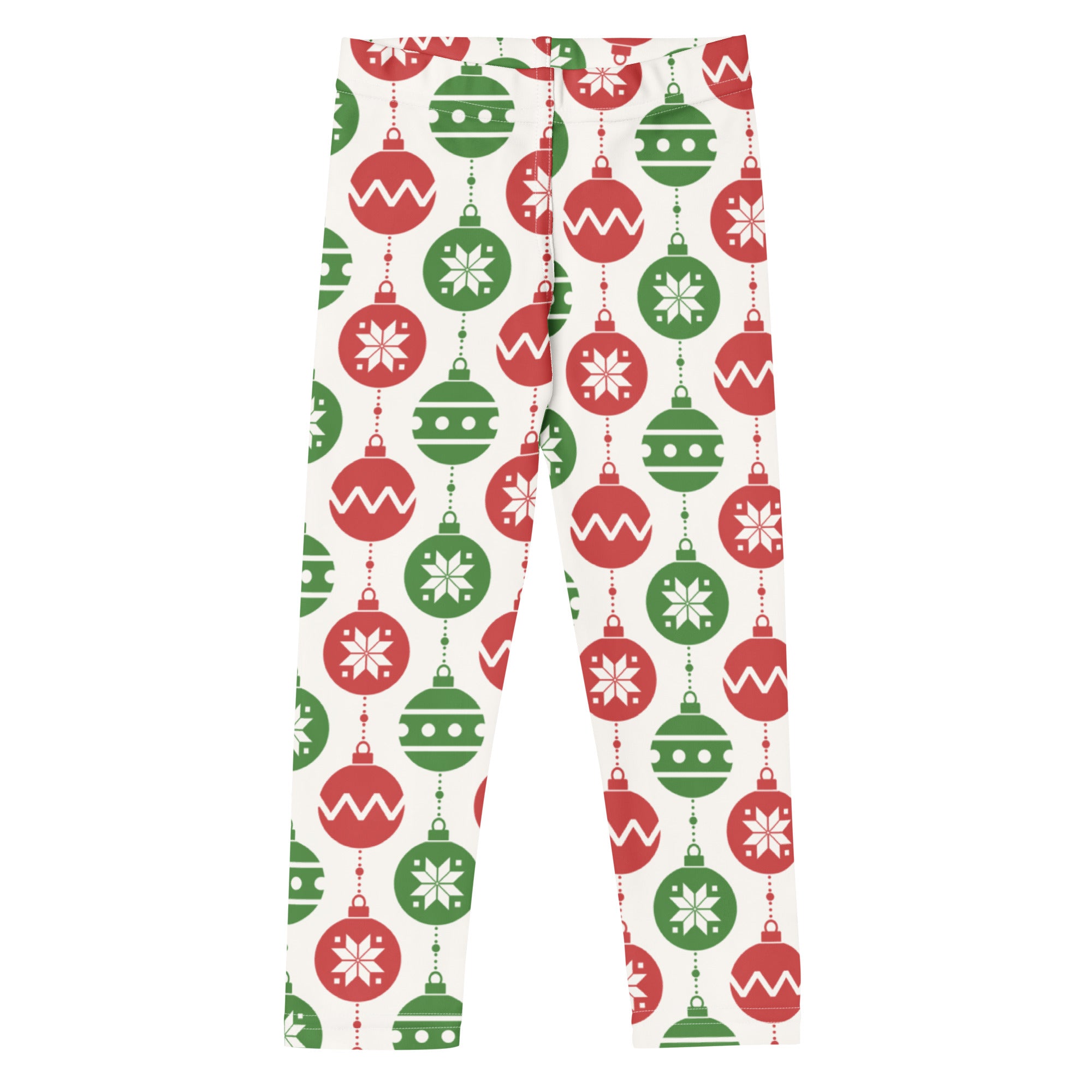 Kids red and green christmas ornament buttery soft leggings with festive pattern on white background