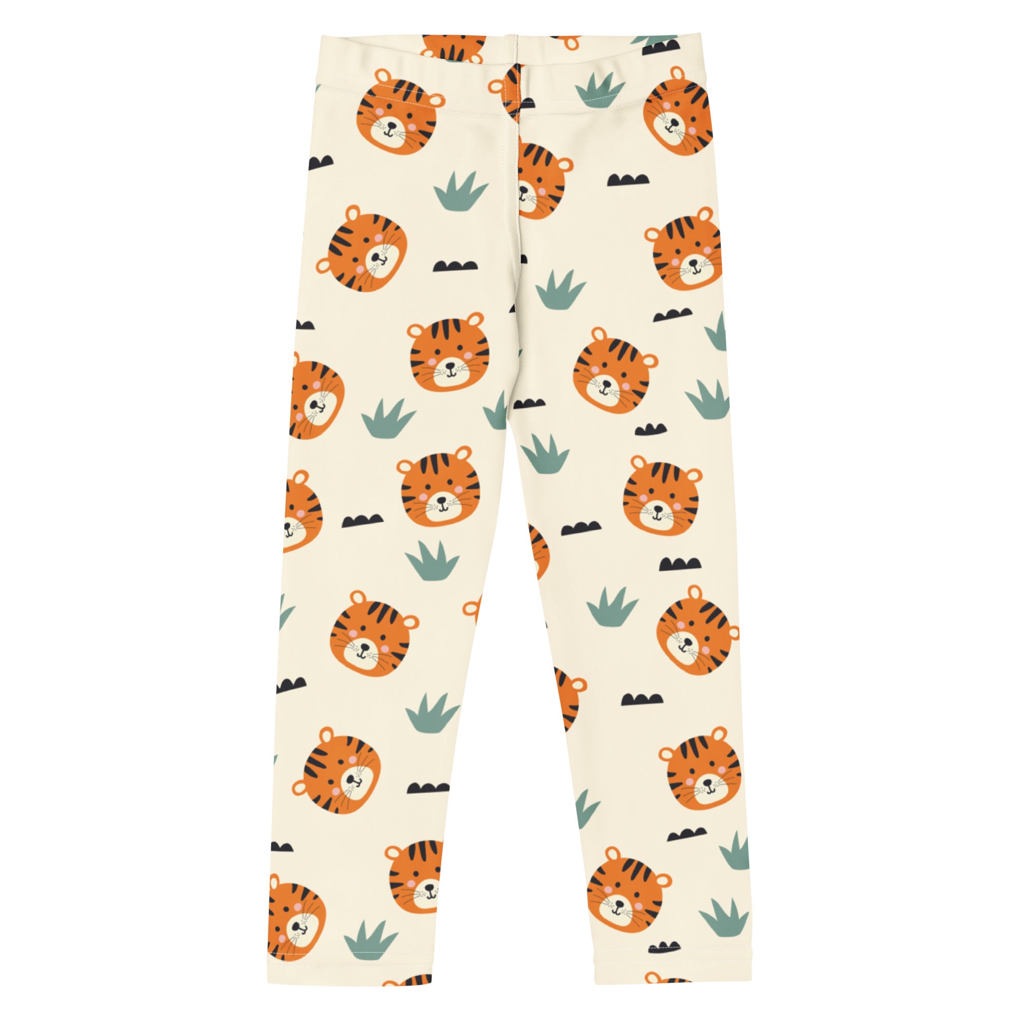 Cream-colored kids tiger print buttery soft leggings with orange tiger faces and green cactus pattern