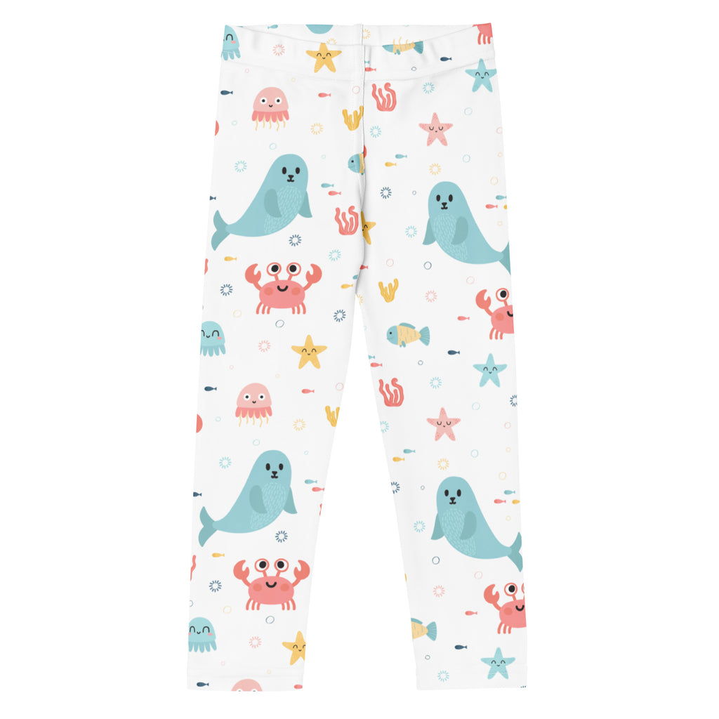 Girls ocean animal buttery soft white leggings with playful blue seals pink crabs and pastel starfish pattern