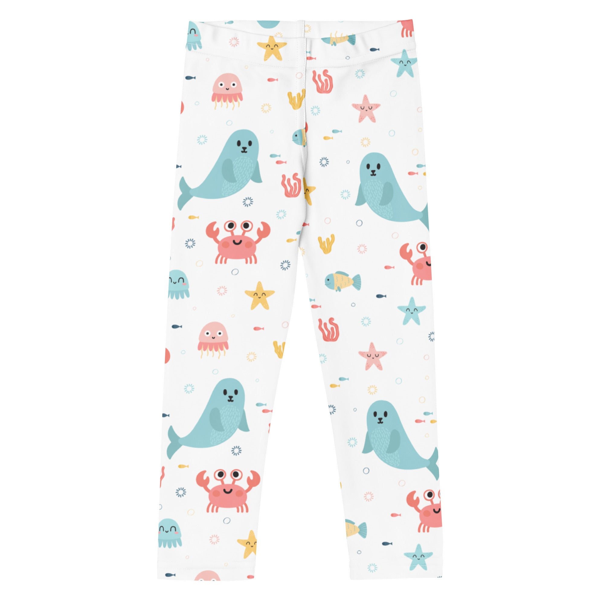 Girls ocean animal buttery soft white leggings with playful blue seals pink crabs and pastel starfish pattern