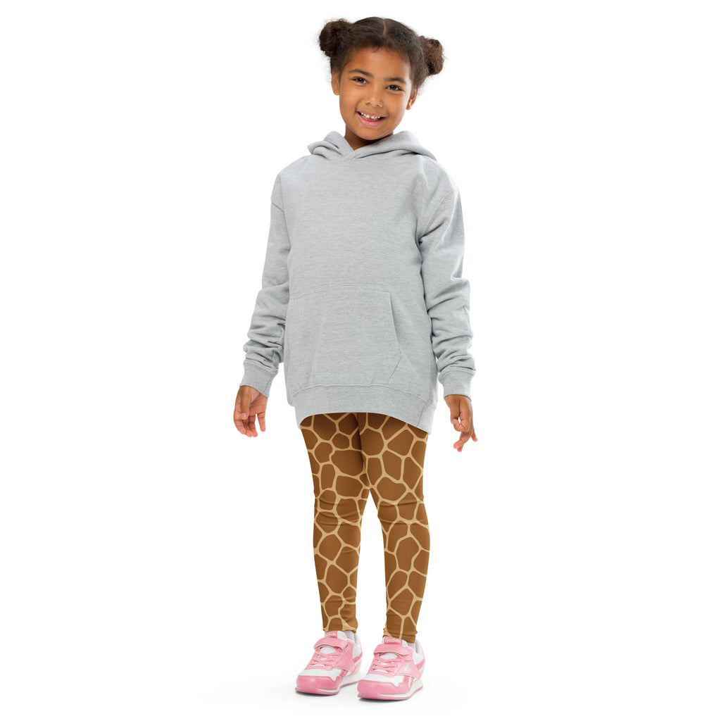 A child wearing light gray hooded sweatshirt and brown giraffe print buttery soft kids leggings